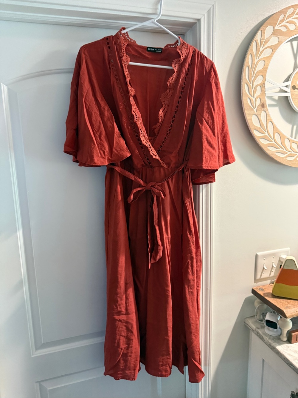 SHEIN Rust Red Lace-Trim Wrap Midi Dress
